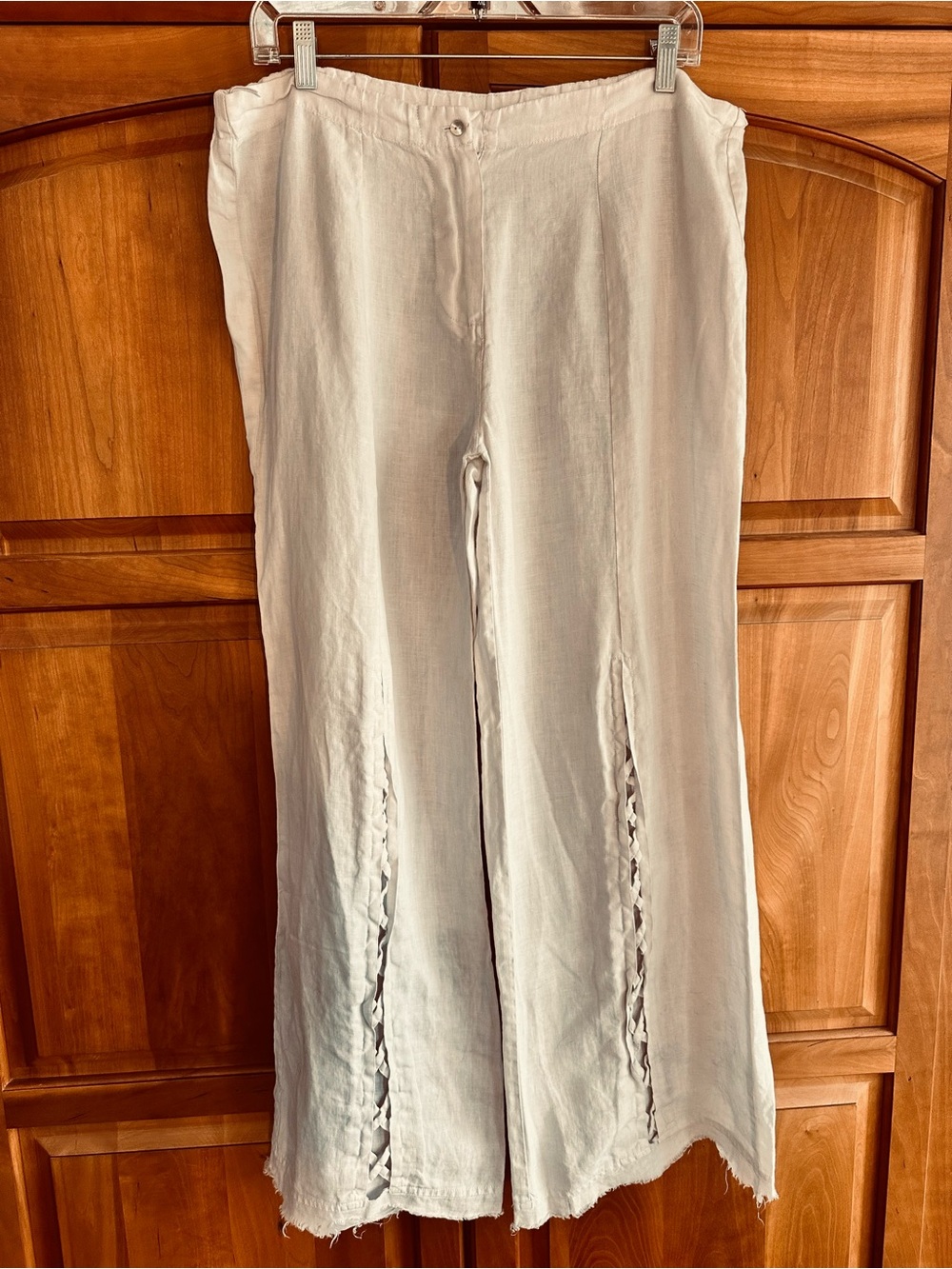 Luna Luz Linen Light Creamy White Wide-Leg Trousers, L, raw hem, unique